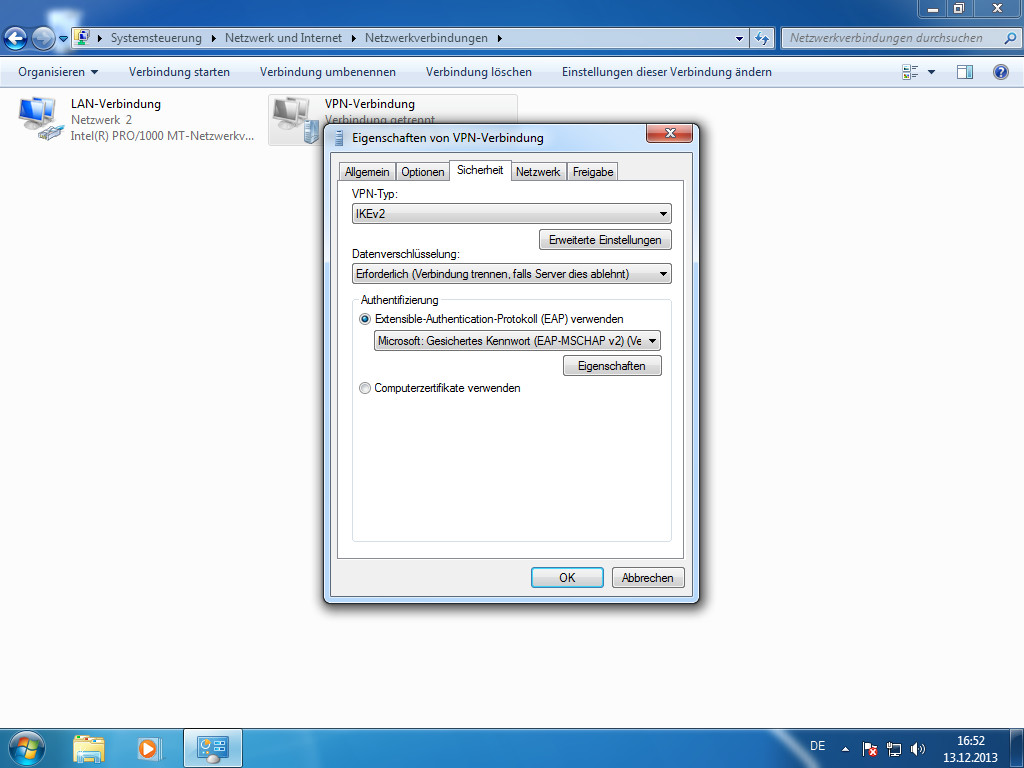 Screenshot Windows 7 Eigenschaften von VPN Verbindung IKEv2 auswählen | IPsec/IKEv2 unter Windows 7 einrichten