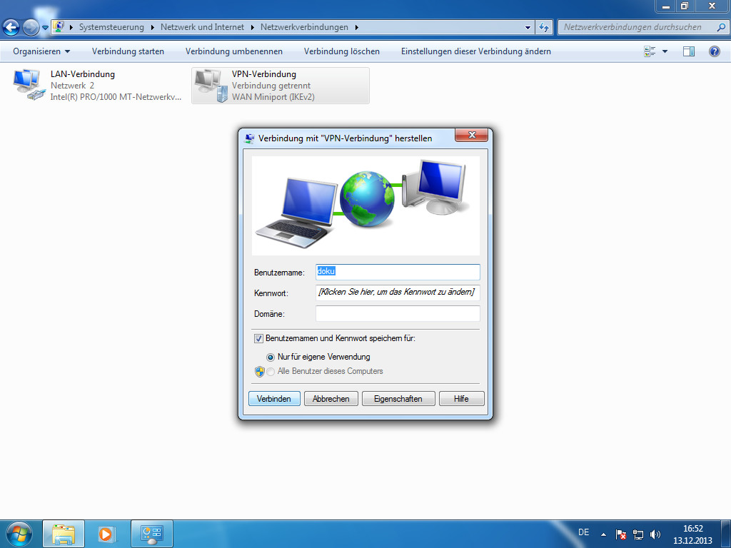 Screenshot Windows 7 Verbindung mit VPN Verbindung herstellen klick auf verbinden | IPsec/IKEv2 unter Windows 7 einrichten