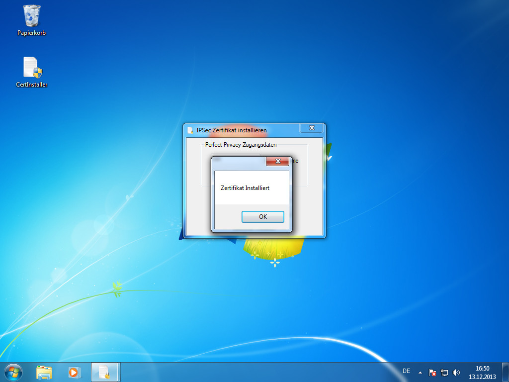 Screenshot Windows 7 IPsec Zertifikat installiert klick auf OK | IPsec/IKEv2 unter Windows 7 einrichten