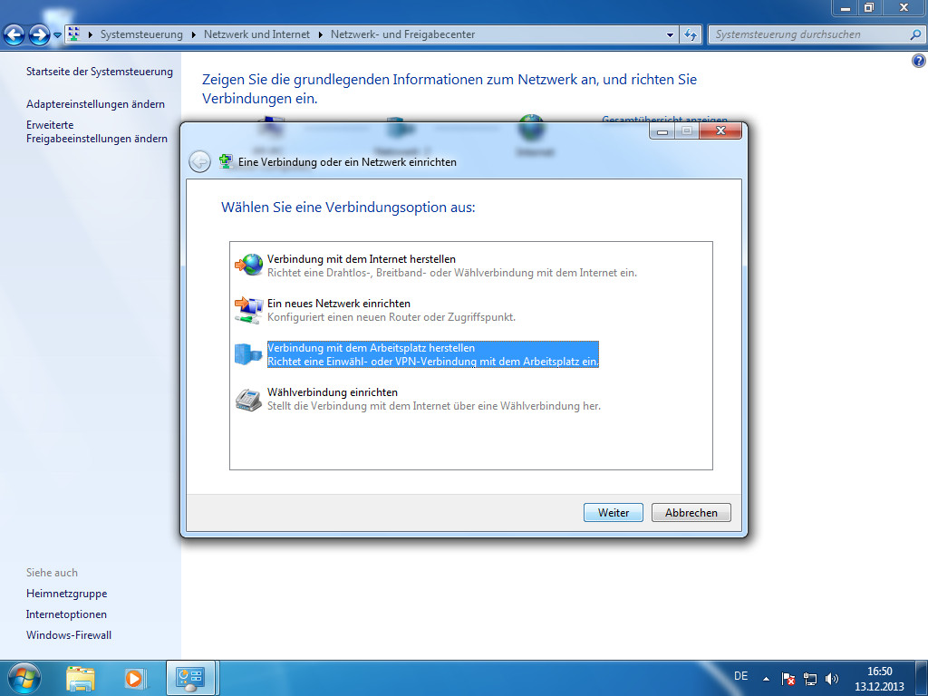 Screenshot Windows 7 Neue Verbindung oder ein Netzwerk einrichten klick auf Verbindung mit dem Arbeitsplatz herstellen | IPsec/IKEv2 unter Windows 7 einrichten