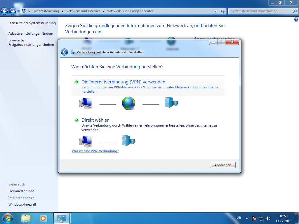Screenshot Windows 7 Verbindung mit dem Arbeitsplatz herstellen klick auf Die Internetverbindung VPN verwenden | IPsec/IKEv2 unter Windows 7 einrichten