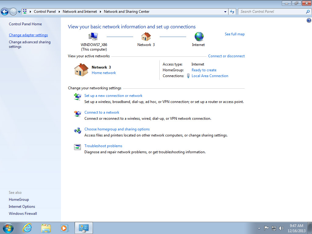Screenshot Windows 7 Network and Sharing Center Click on Change adapter settings | Configuring IPsec/IKEv2 in Windows 7