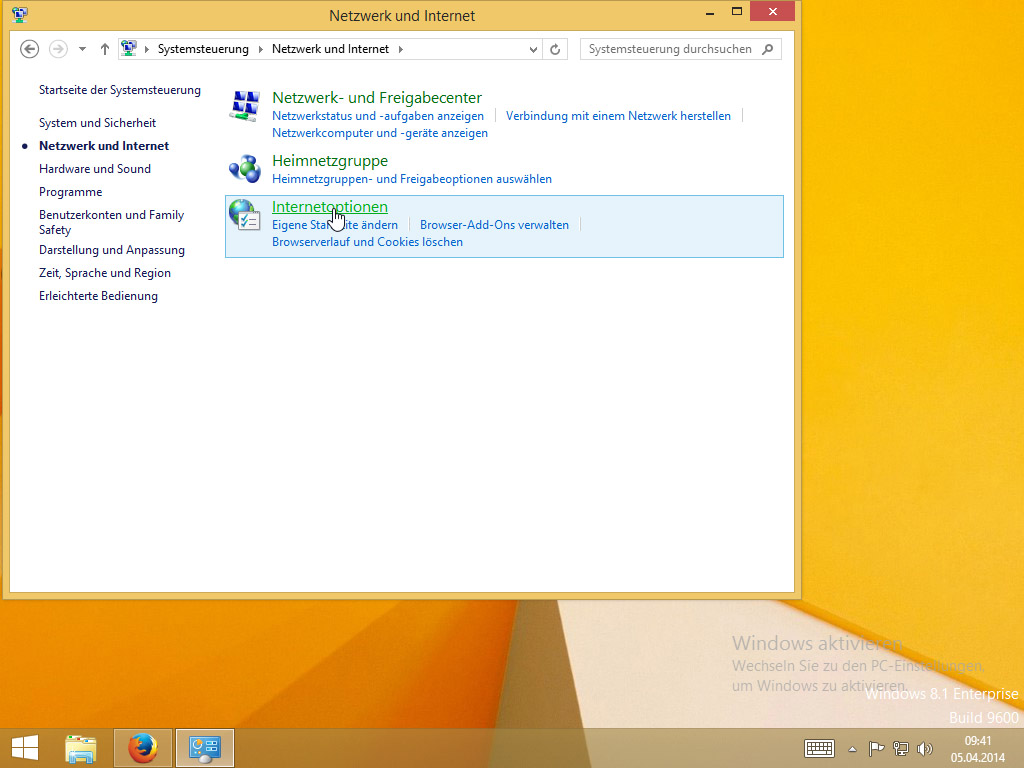 Screenshot Windows 8 Netzwerk und Internet klick auf Internetoptionen | HTTP Proxy unter Windows 8 einrichten