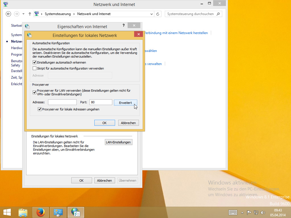 Screenshot Windows 8 Einstellungen für lokales Netzwerk Haken bei Proxyserver für LAN verwenden und klick auf Erweitert | HTTP Proxy unter Windows 8 einrichten
