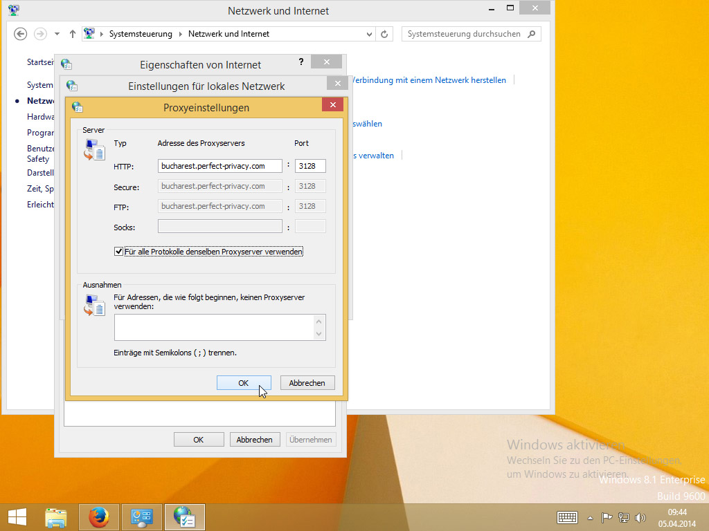 Screenshot Windows 8 Proxy Einstellungen im Feld HTTP Perfect-Privacy-Server eingeben, Port 3128 und Haken bei Für alle Protokolle denselben Proxyserver verwenden | HTTP Proxy unter Windows 8 einrichten
