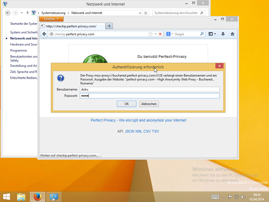 Screenshot Windows 8 Firefox Authentifizierung erforderlich. Eingabe von Perfect Privacy Benutzername und Passwort | HTTP Proxy unter Windows 8 einrichten