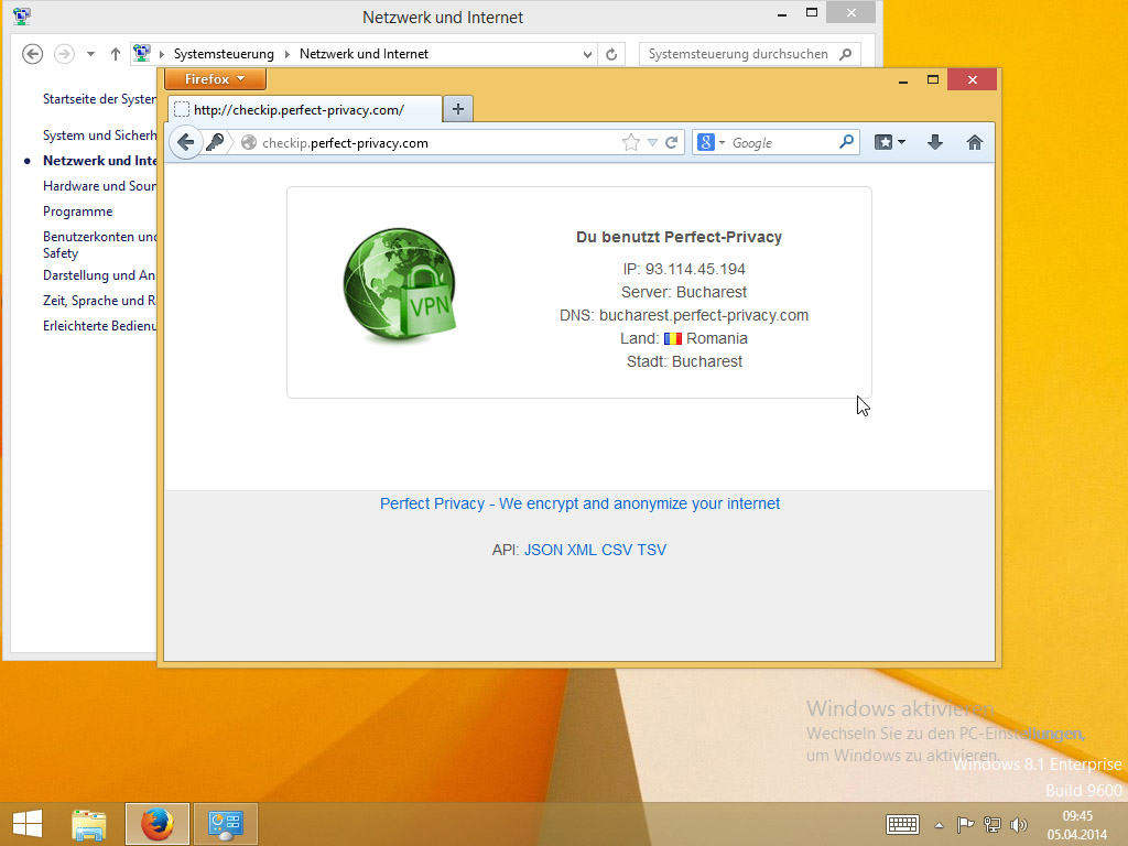 Screenshot Windows 8 Firefox Perfect Privacy Check IP Webseite | HTTP Proxy unter Windows 8 einrichten