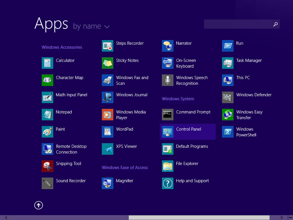 Screenshot Windows 8 Apps overview choose Control Panel | HTTP proxy configuration on Windows 8