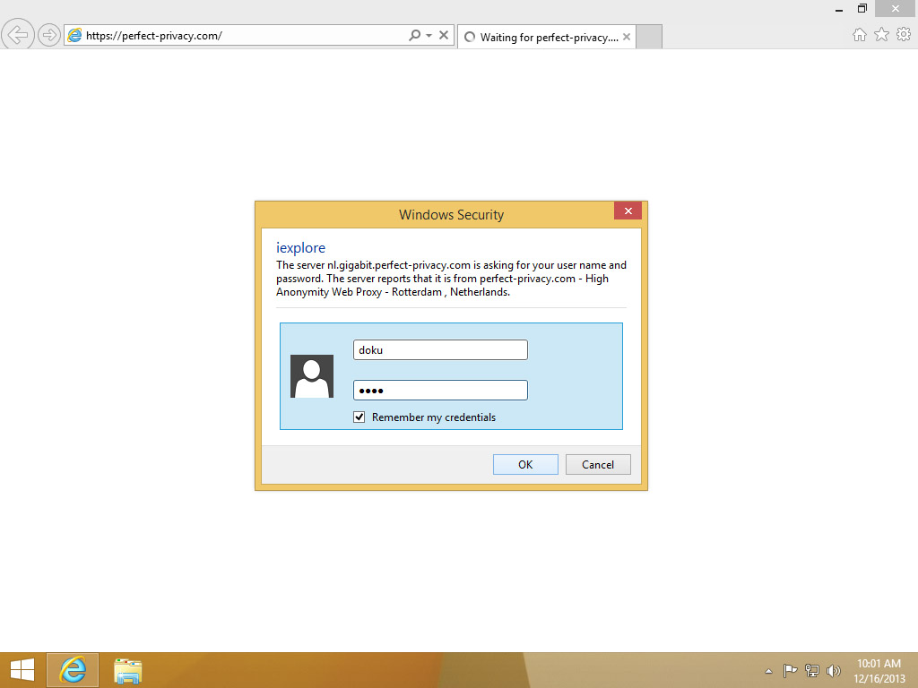 Screenshot Windows 8 Internet Explorer Windows Security dialog enter Perfect Privacy credentials | HTTP proxy configuration on Windows 8