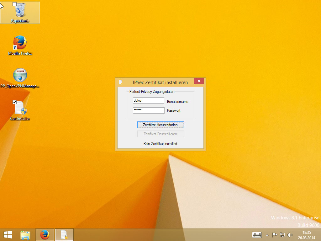 Screenshot Windows 8 IPsec Zertifikat herunterladen | IPsec/IKEv2 unter Windows 8 einrichten