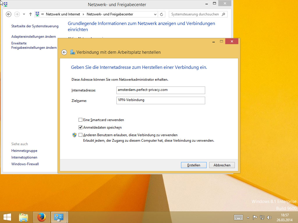 Screenshot Windows 8 Verbindung mit dem Arbeitsplatz herstellen Server und Zielname eintragen | IPsec/IKEv2 unter Windows 8 einrichten