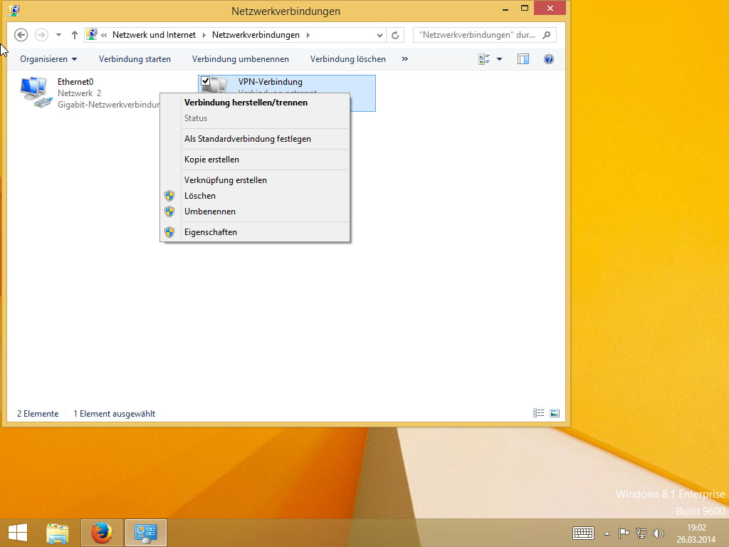 Screenshot Windows 8 VPN-Verbindung klick auf Eigenschaften im Kontextmenü | IPsec/IKEv2 unter Windows 8 einrichten