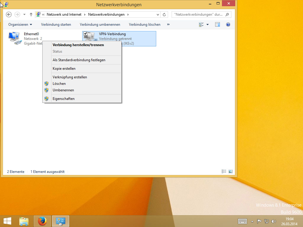 Screenshot Windows 8 Netzwerkverbindungen klick auf Verbindung herstellen | IPsec/IKEv2 unter Windows 8 einrichten
