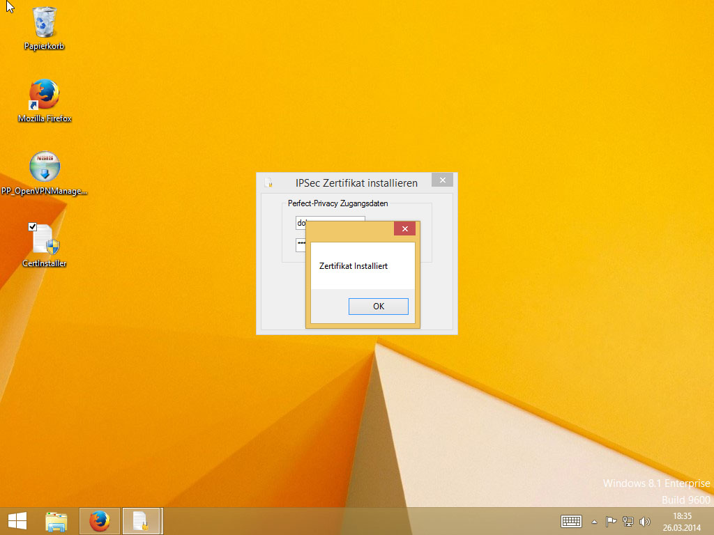Screenshot Windows 8 IPsec Zertifikat installiert klick auf OK | IPsec/IKEv2 unter Windows 8 einrichten