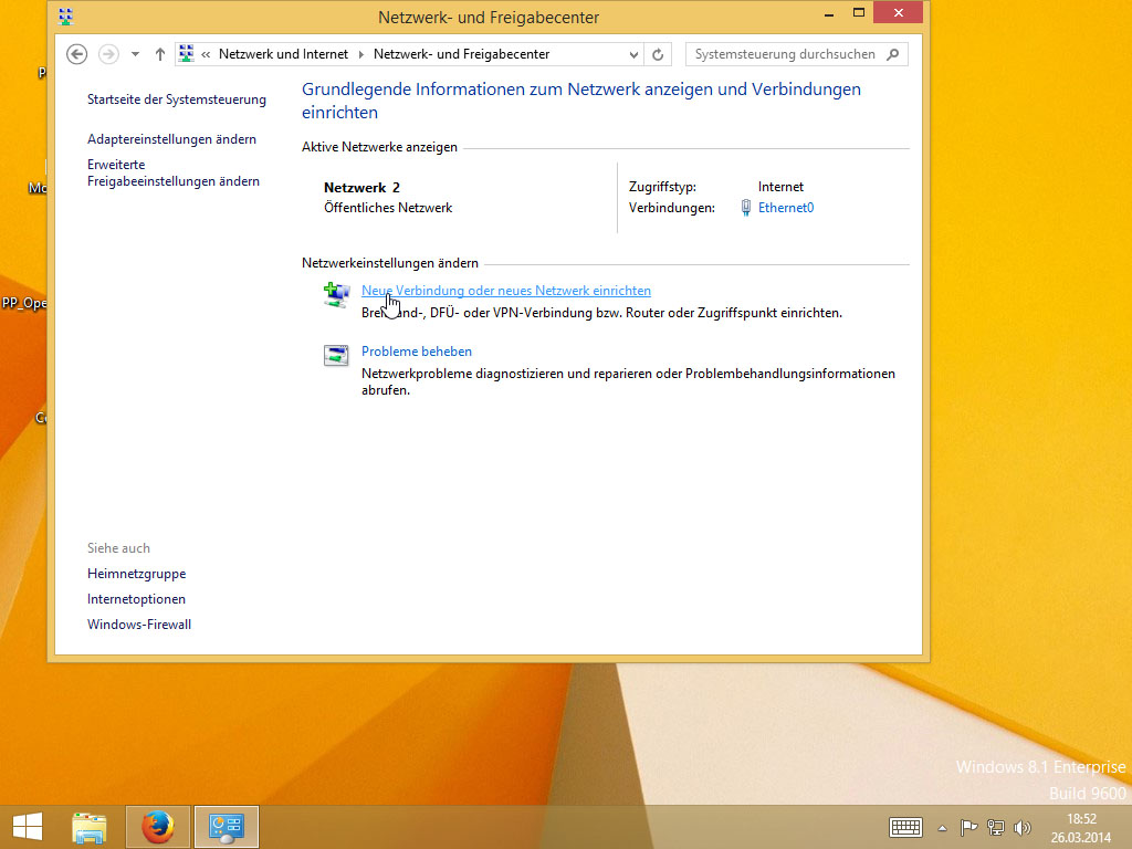 Screenshot Windows 8 Netzwerk- und Freigabecenter klick auf Neue Verbindung oder neues Netzwerk einrichten | IPsec/IKEv2 unter Windows 8 einrichten