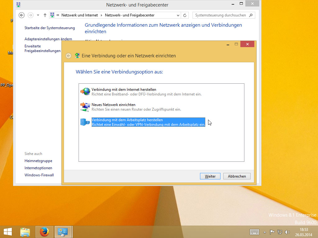 Screenshot Windows 8 Eine Verbindung oder neues Netzwerk einrichten klick auf Verbindung mit dem Arbeitsplatz herstellen | IPsec/IKEv2 unter Windows 8 einrichten