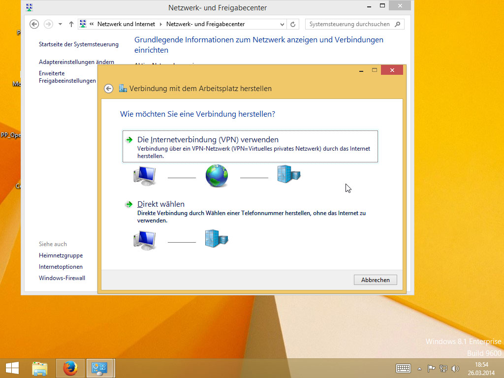 Screenshot Windows 8 Verbindung mit dem Arbeitsplatz herstellen klick auf Die Internetverbindung (VPN) verwenden | IPsec/IKEv2 unter Windows 8 einrichten
