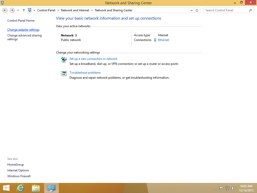 Screenshot Windows 8 Network and Sharing Center choose Change adapter settings | Configuring IPsec/IKEv2 in Windows 8
