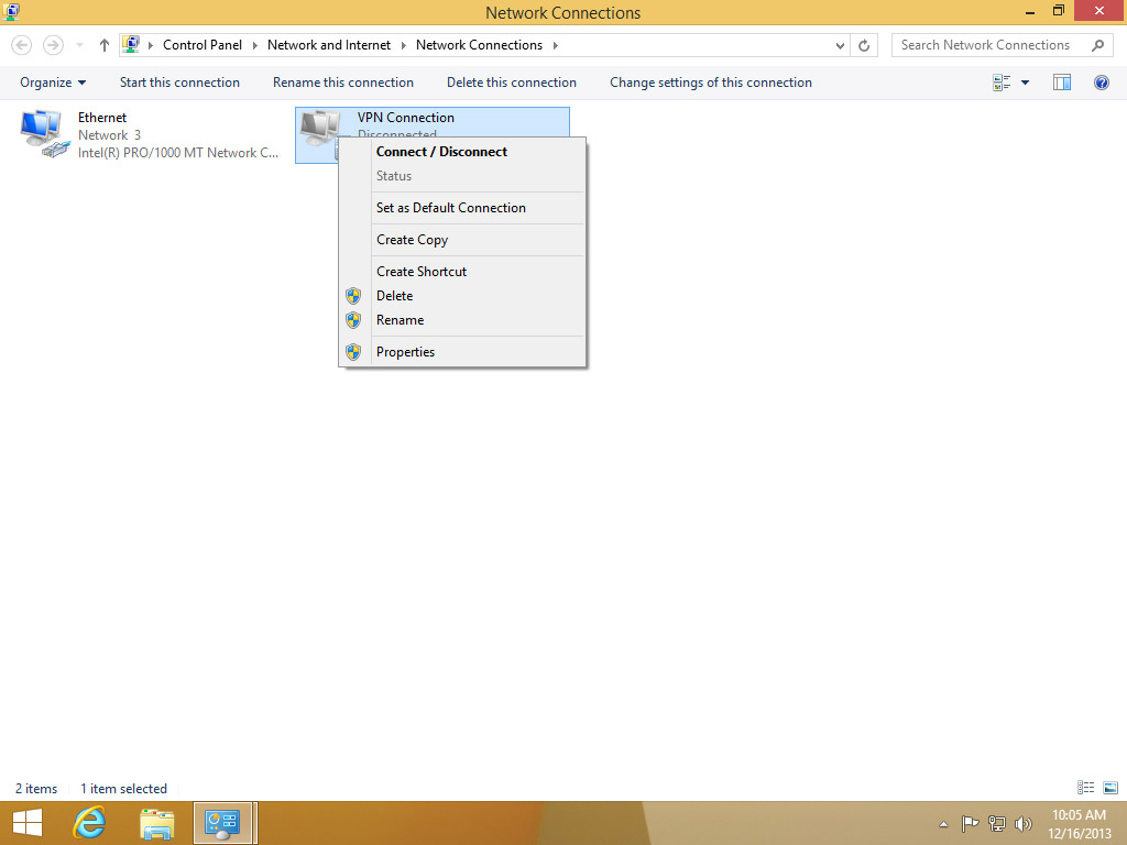 Screenshot Windows 8 Network Connections choose Properties | Configuring IPsec/IKEv2 in Windows 8