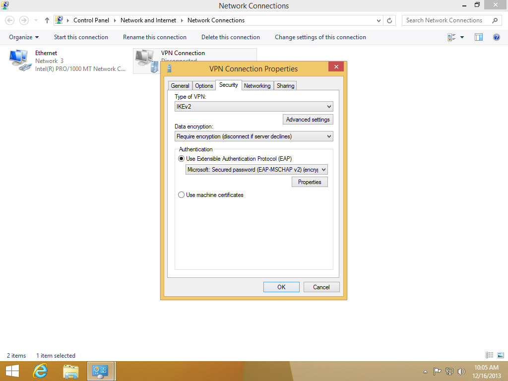 Screenshot Windows 8 Connection Properties Type of VPN choose IKEv2 | Configuring IPsec/IKEv2 in Windows 8