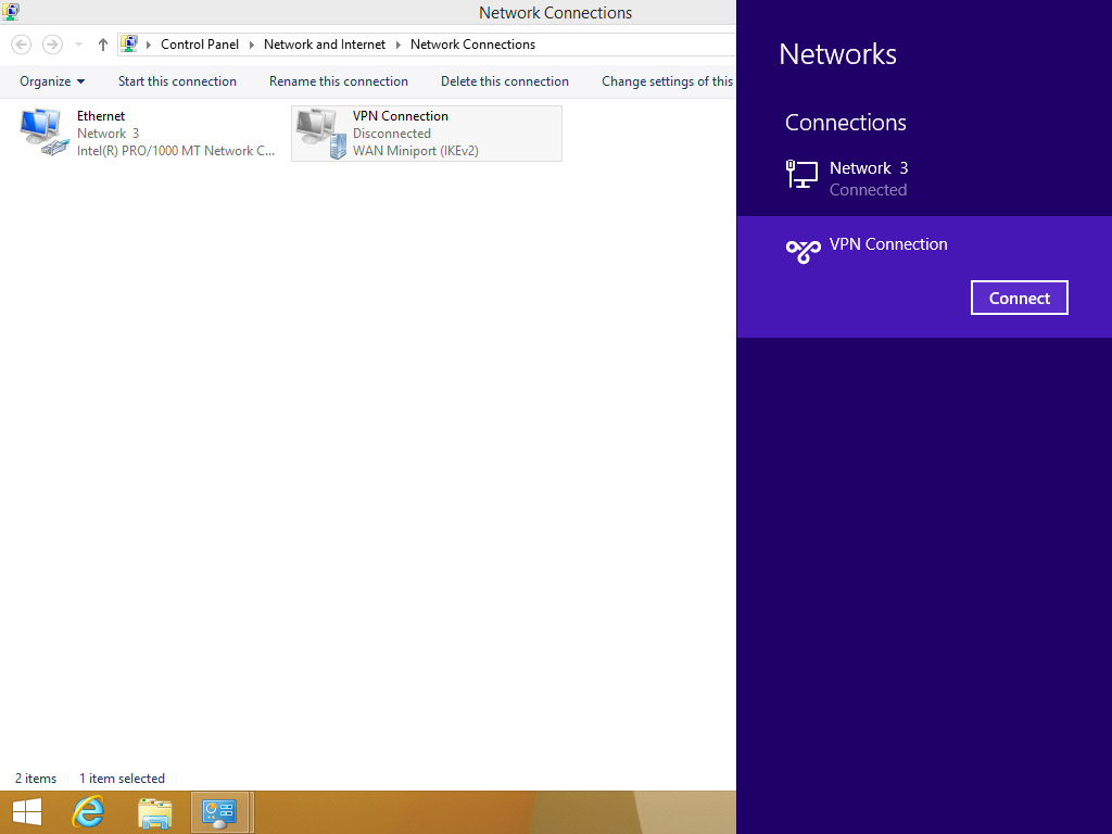 Screenshot Windows 8 Network Connections choose Connect | Configuring IPsec/IKEv2 in Windows 8