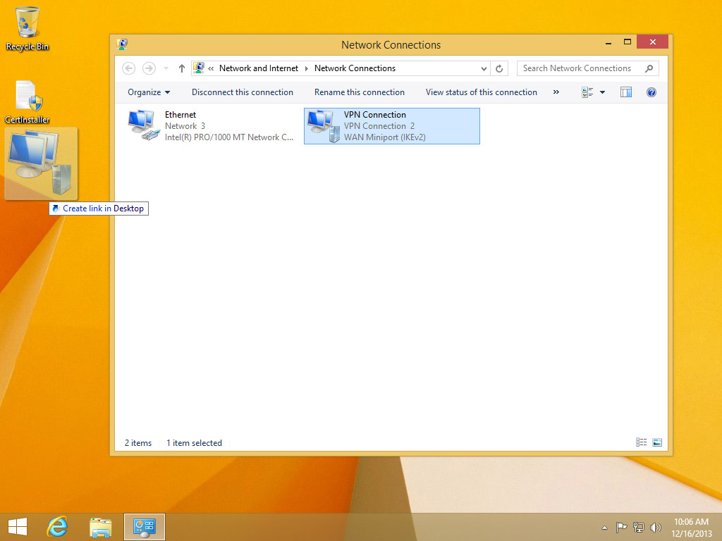 Screenshot Windows 8 Network Connections Create link in desktop | Configuring IPsec/IKEv2 in Windows 8