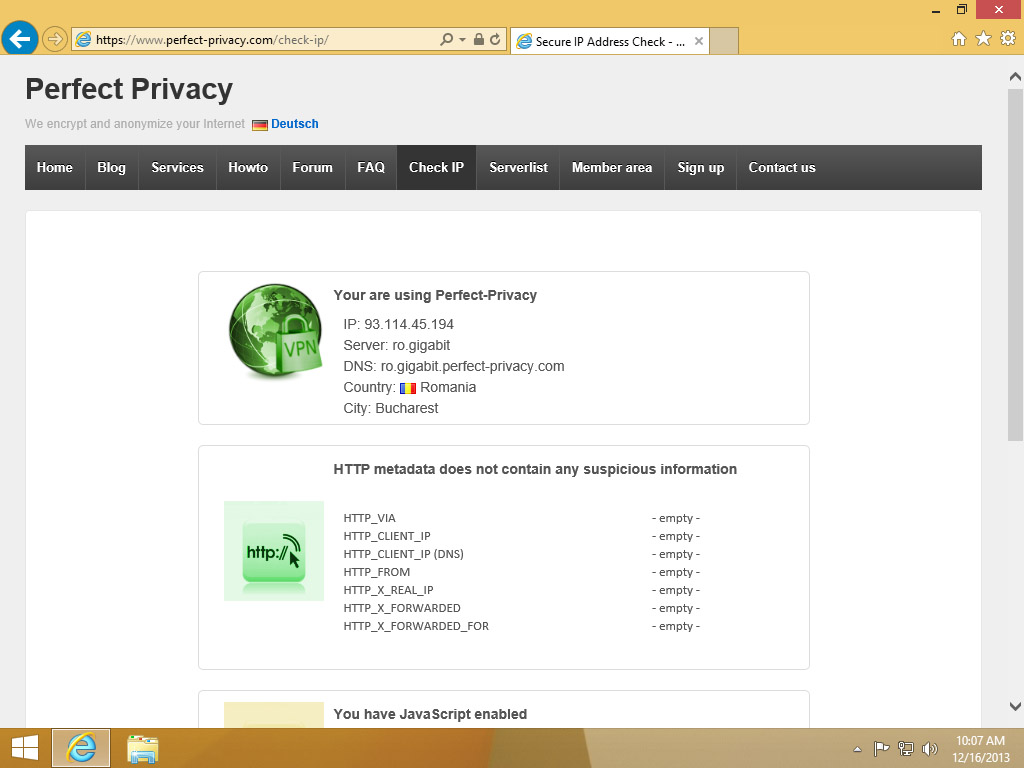 Screenshot Windows 8 Perfect Privacy Check IP Website | Configuring IPsec/IKEv2 in Windows 8