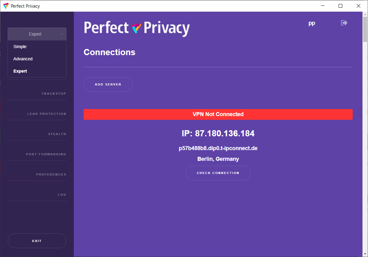 Screenshot: Perfect Privacy VPN Manager Modi. | Perfect Privacy VPN Manager Dokumentation