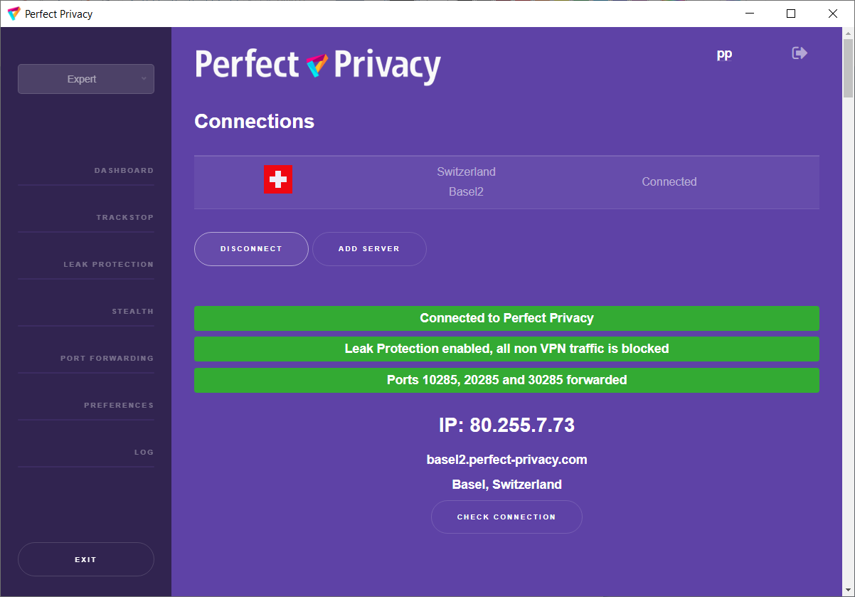 Screenshot VPN Manager Dashboard | Perfect Privacy VPN Manager Dokumentation