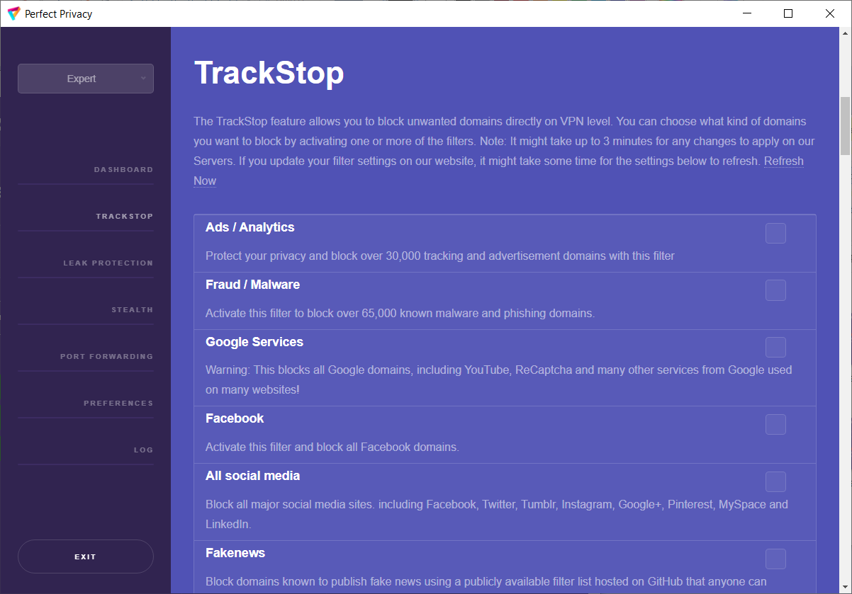 Screenshot VPN Manager TrackStop | Perfect Privacy VPN Manager Dokumentation