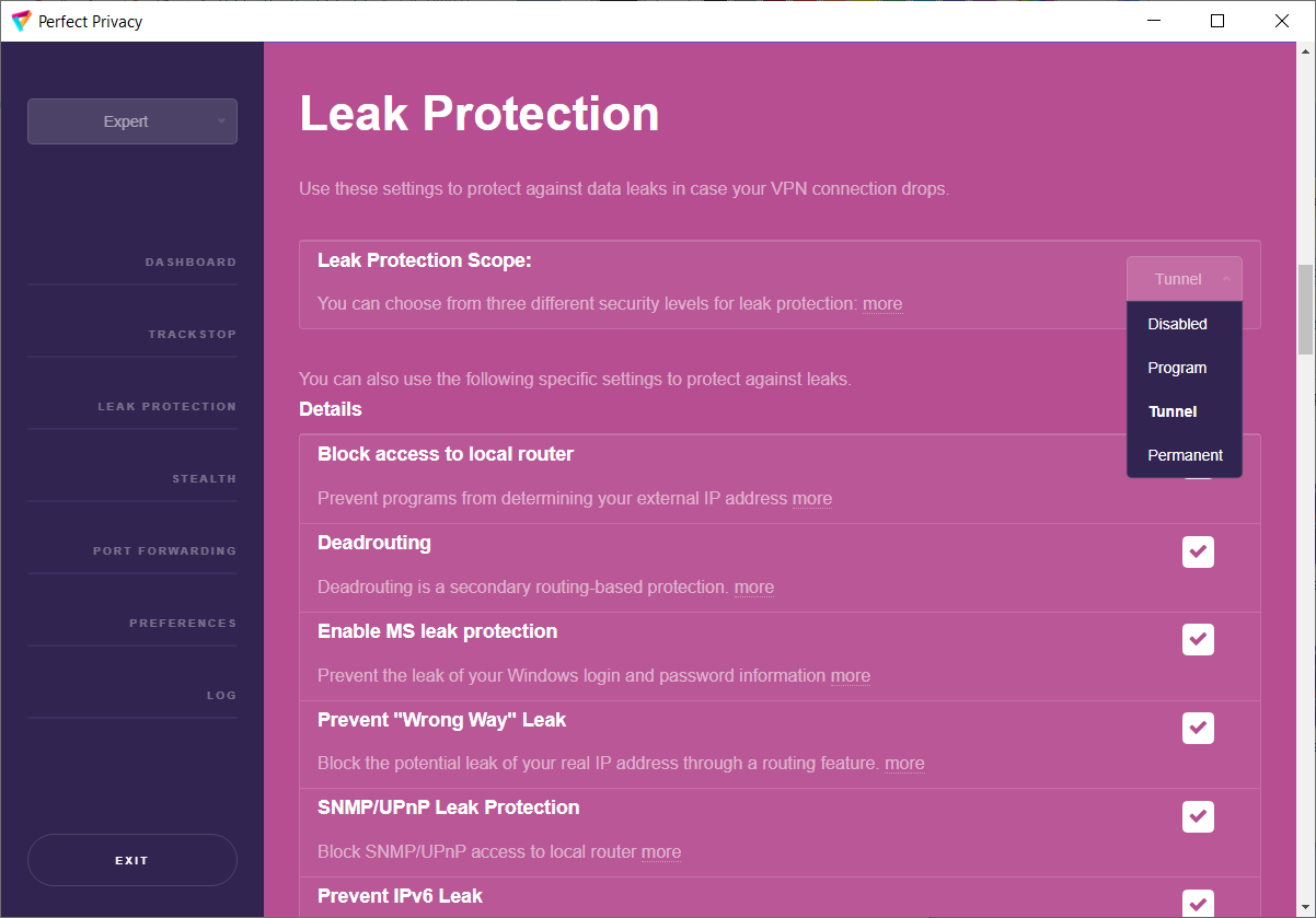 Screenshot: VPN Manager Leak Protection | Perfect Privacy VPN Manager Dokumentation
