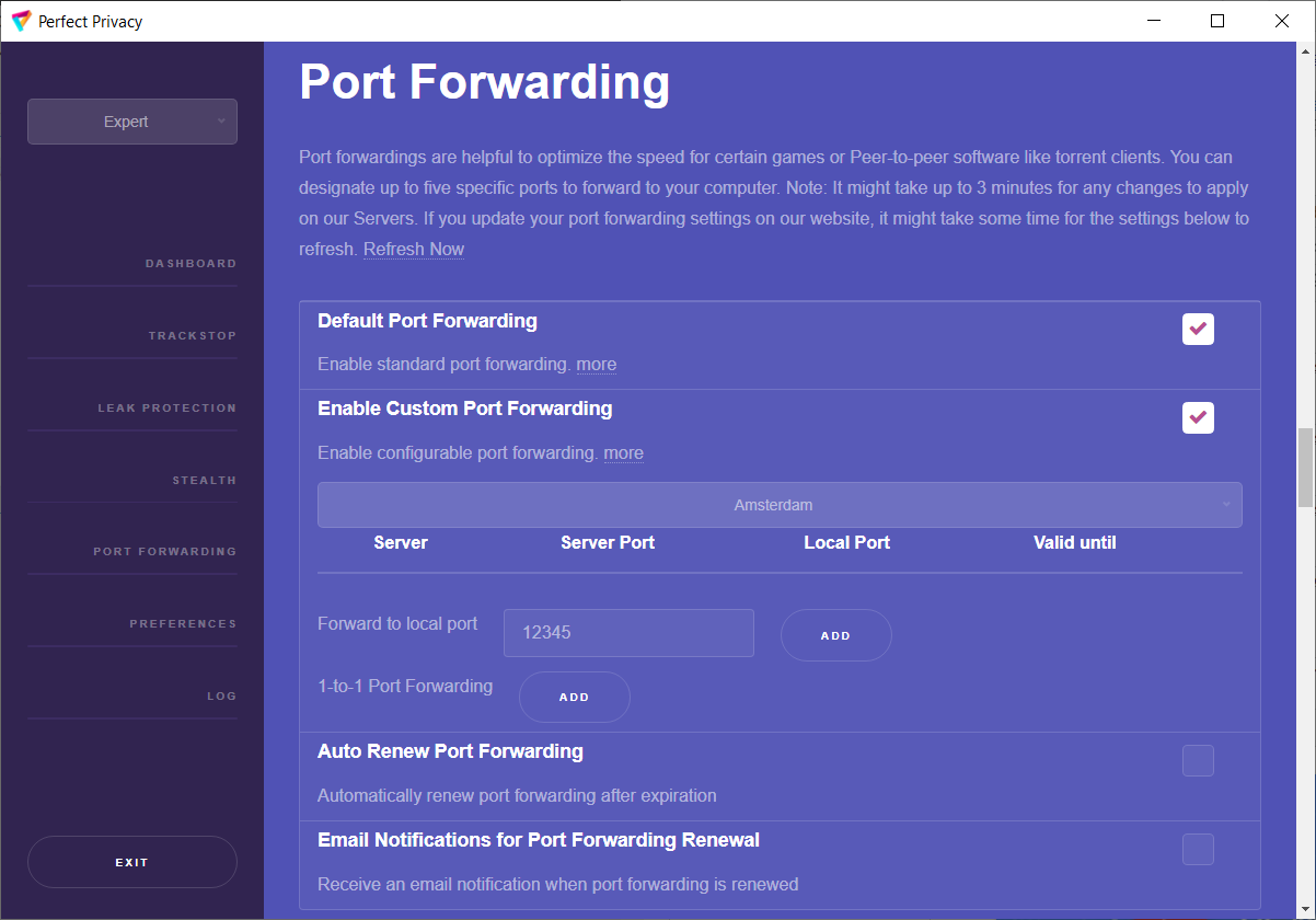 Perfect Privacy App: Port Forwarding